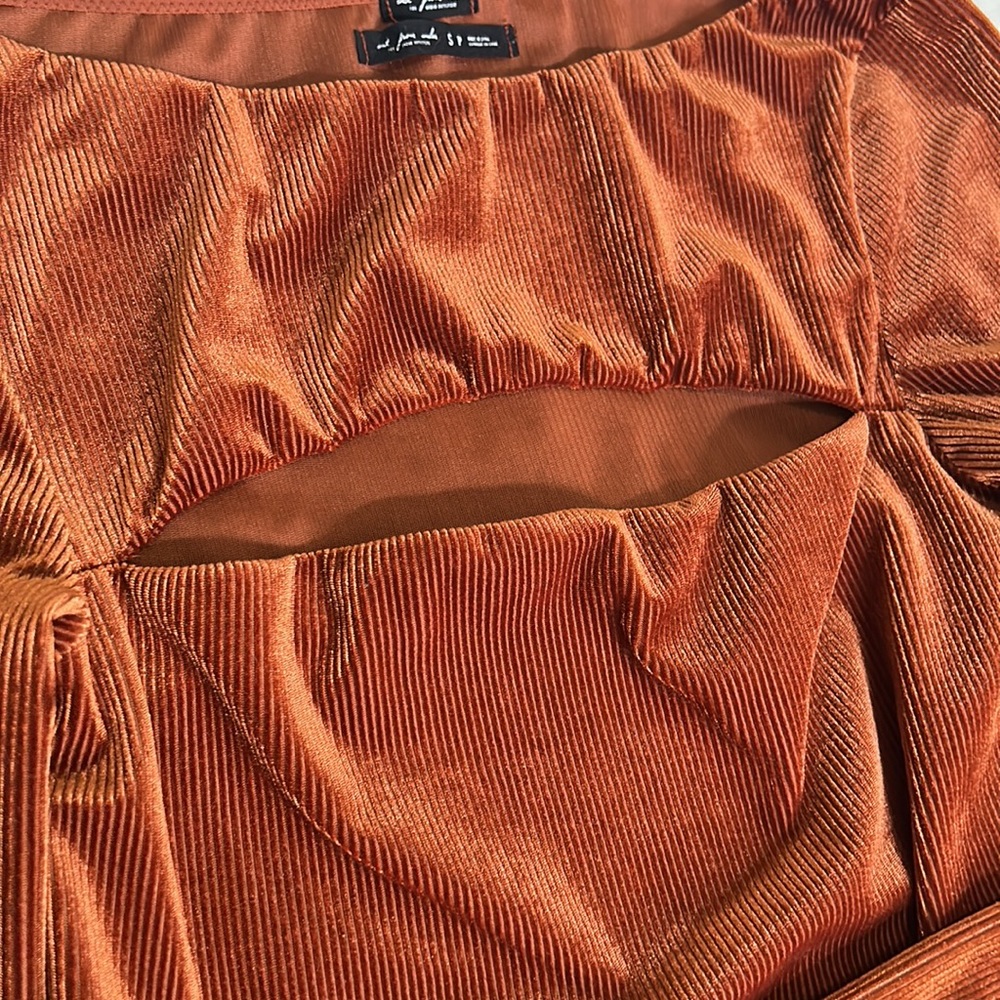 Urban Outfitters Orange Rust Velvet Ribbed Long Sleeve Keyhole Cutout Bodysuit - Picture 4 of 7